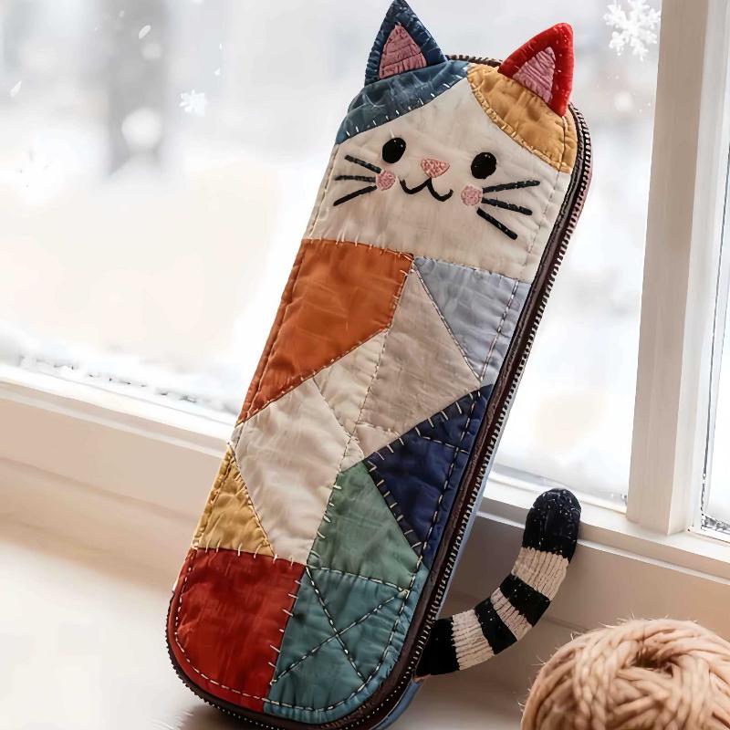 Cat Design Cloth Pencil Case Patchwork Multifunctional Storage Bag for School College Stationery Travel