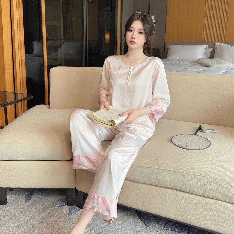Spring and Summer Ice Silk Pajamas Women's New Chinese-style Fringed Jacquard Thin National Style Silk Loungewear Suit Antique Design