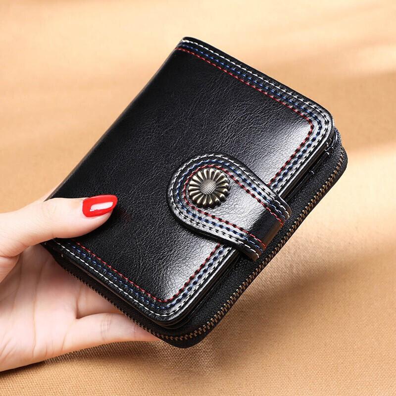 Viney Leather Wallet for Women, Foldable Zipper Purse with Multiple Card Slots, Large Capacity Coin Purse, Leather Card Holder, Black