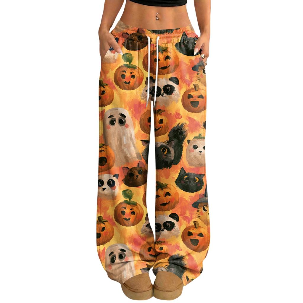 Women's Halloween Print Loose Fit Drawstring Waist Wide Leg Pants for Casual Daily Wear