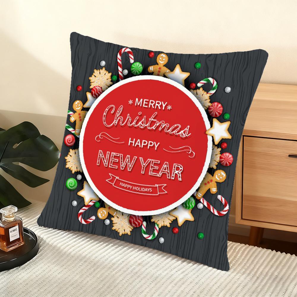 Cute Christmas Elements Cushion Cover Silky Short Plush Home Sofa Cushion Cover - Invisible Zipper Home Decoration