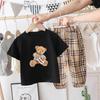 Children's Suits Boys Summer Bear Print Solid Color Cotton Soft Short Sleeves + Nine-point Pants Girls Handsome Clothes Two-piece Set