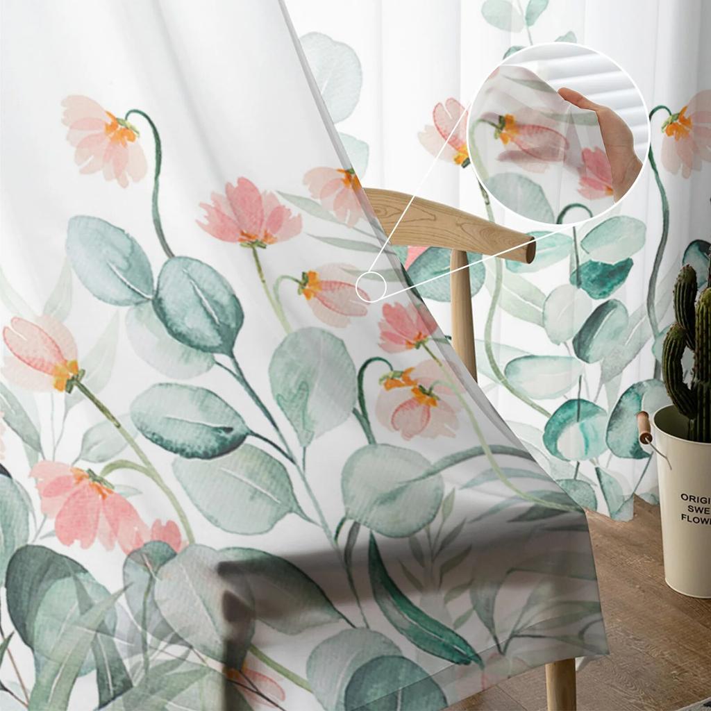 Idyllische Blume Eukalyptus Blätter Gardinen für Wohnzimmer Schlafzimmer Tüll Vorhang für Küche Voile Vorhang Blindplatten