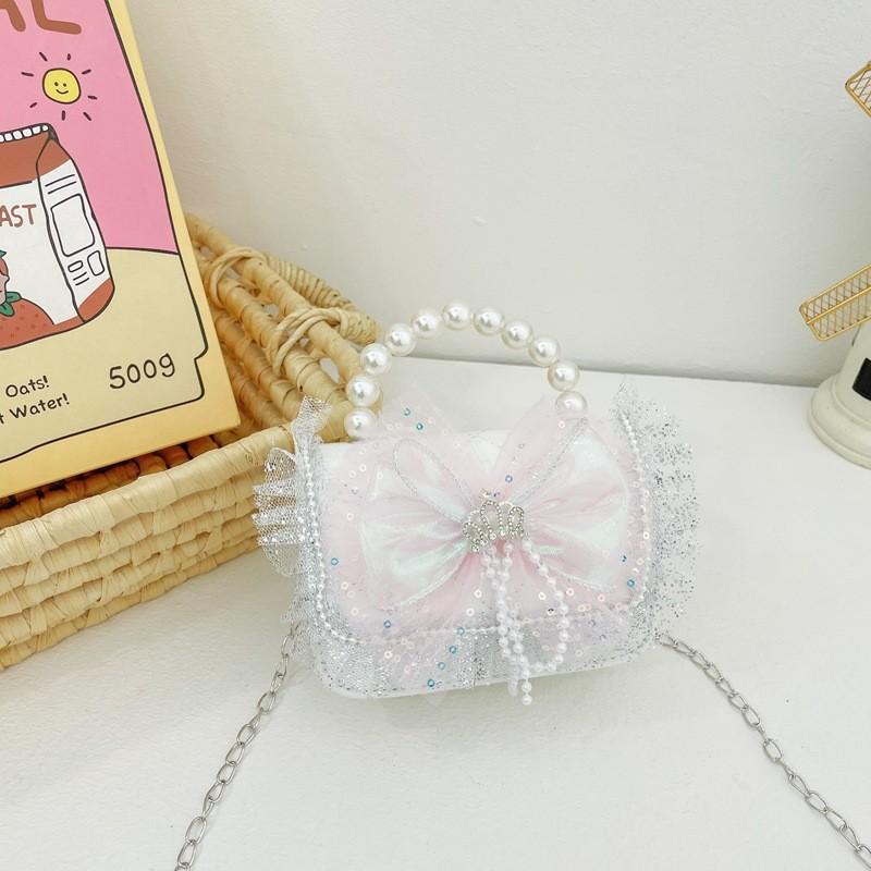Stylish Children's Quilted Pearl Handbag With Lace And Bowknot For Girls Everyday Fashion