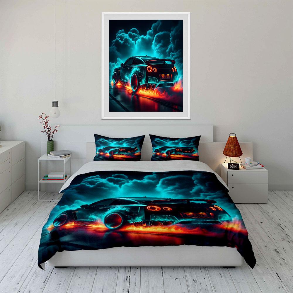 Flaming Sports Car Speeding At Night Print Bedding Set 1 Duvet Cover 2 Pillowcases For Adult Children Luxury Gift Full Size