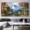 Autumnal Landscape Painting Style Unframed Canvas Poster with Quaint Houses & Snow-Capped Mountains Home Artistic Wall Decor
