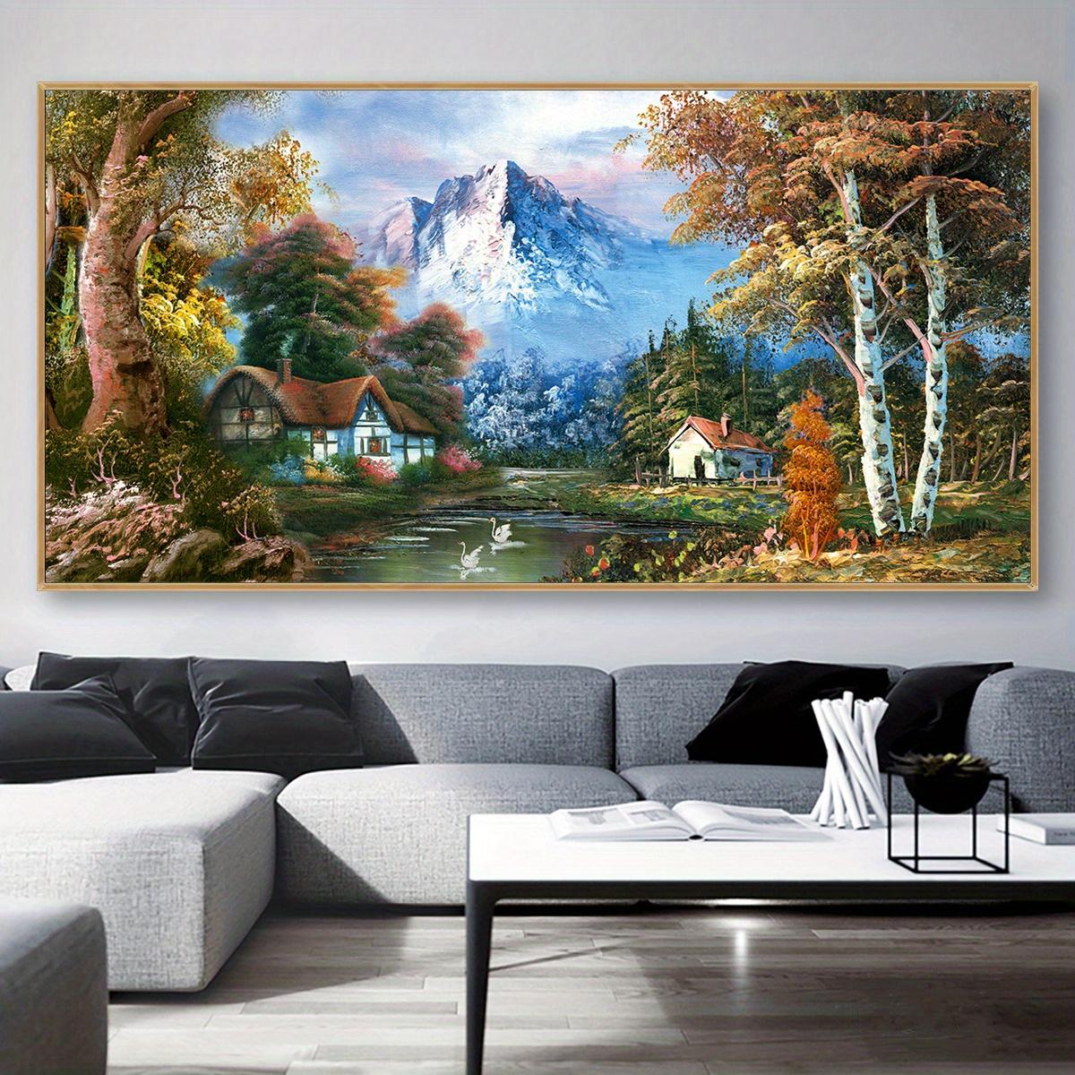 

Autumnal Landscape Painting Style Unframed Canvas Poster with Quaint Houses & Snow-Capped Mountains Home Artistic Wall Decor 20x40cm No Framed