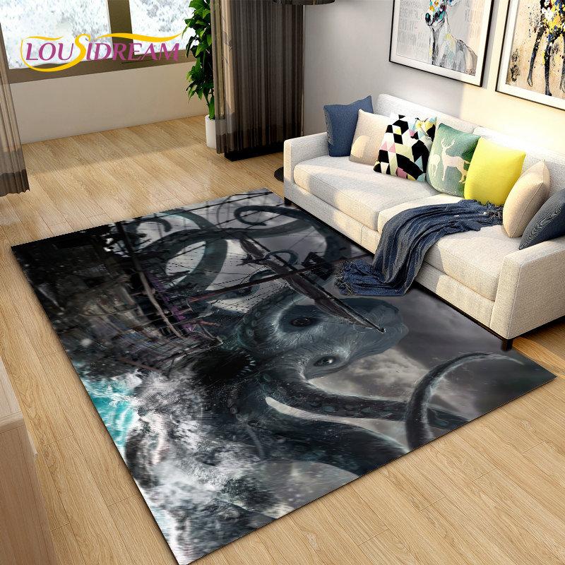 Sea Monster, Boat Ship Barque Area Rug Large,Carpets Rug for Living Bedroom Sofa Doormat Decoration,Kids Play Floor Mat