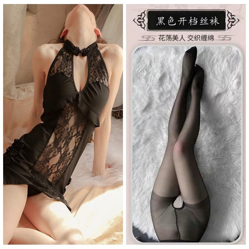 Sexy Lace Seduction Deep V Vintage Cheongsam Pajamas Hot Uniform Seduction Set