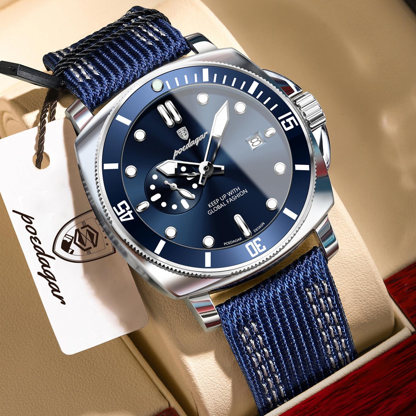 

POEDAGAR Luxury Business Male Clock Luminous Waterproof Date Fashion Watch Nylon Leather Quartz Business Watches Reloj синий/серебряный