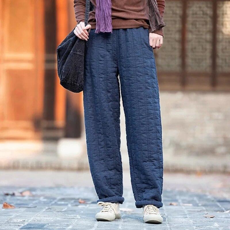 Johnature Women Vintage Warm Straight Pants Plus Cotton Winter Linen Trouser Elastic Waist Solid Color Women Soft Pants