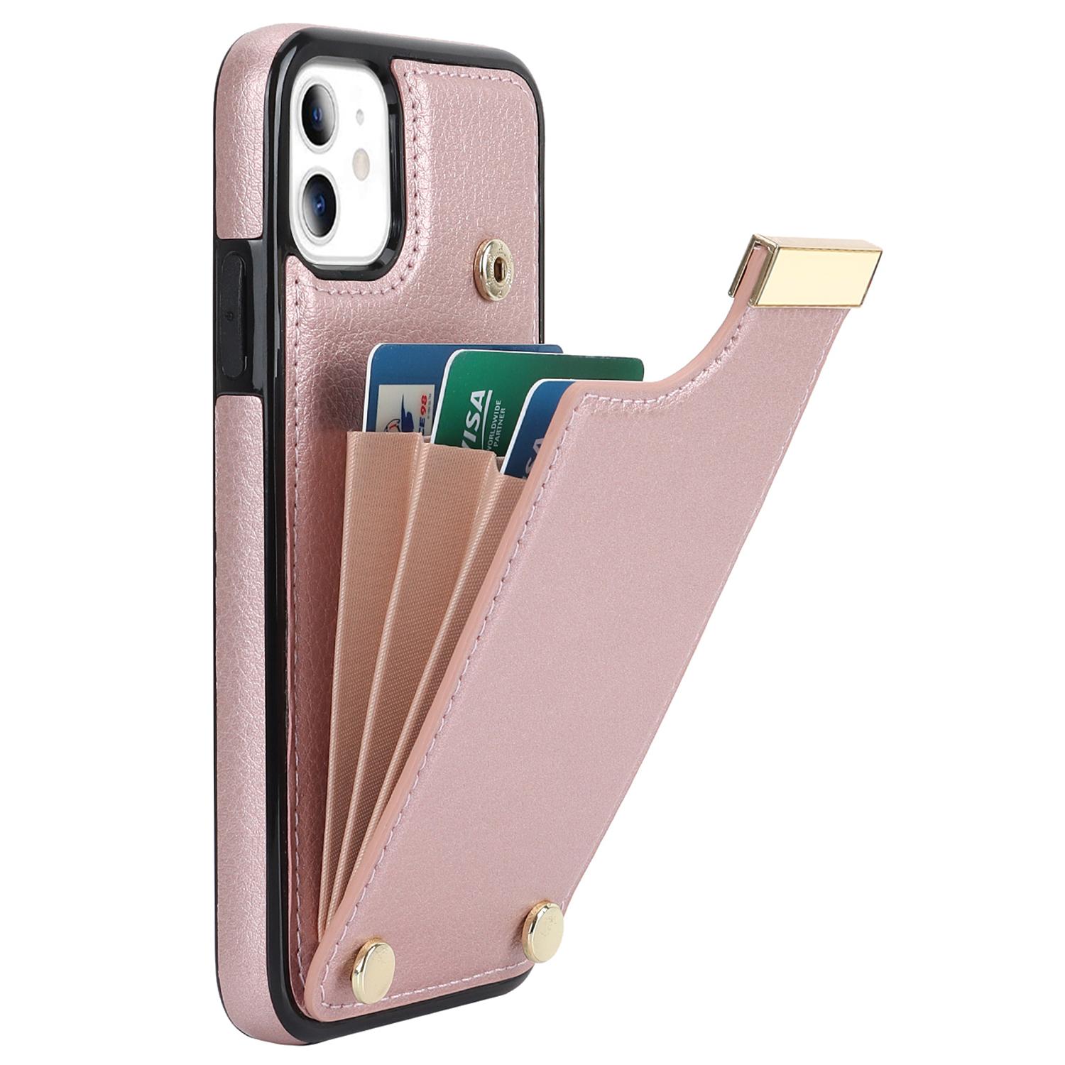 

For iPhone 11 Cover TPU+PU Leather Metal Decor Shockproof Cell Phone Case with Card Holder Rose Gold