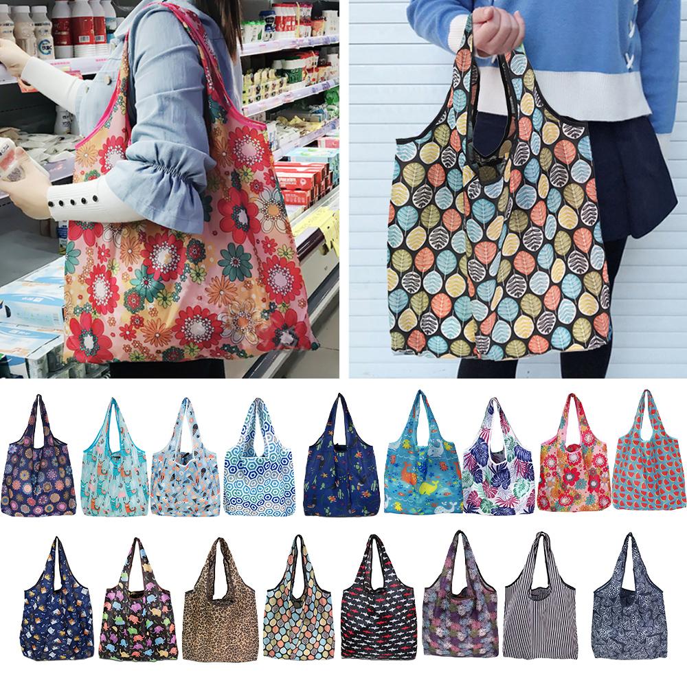 Fashion Printing Foldable Eco-friendly Shopping Bag Tote Folding Pouch Handbags Convenient Large-capacity For Travel Grocery Bag