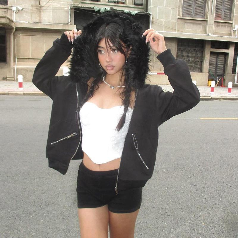 Harajuku Y2k Millennial Hottie Amerikanischer Retro Pelzkragen Patchwork Hoodie Reißverschluss Hoodie Damen Herbst/Winter Hip Hop Reißverschlussjacke