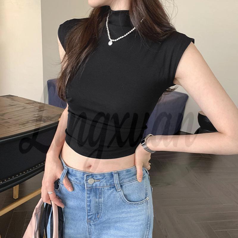 Women's Slim-Fit Open-Back T-Shirt: Summer Sleeveless, Half-High Collar, Hot Girl Style