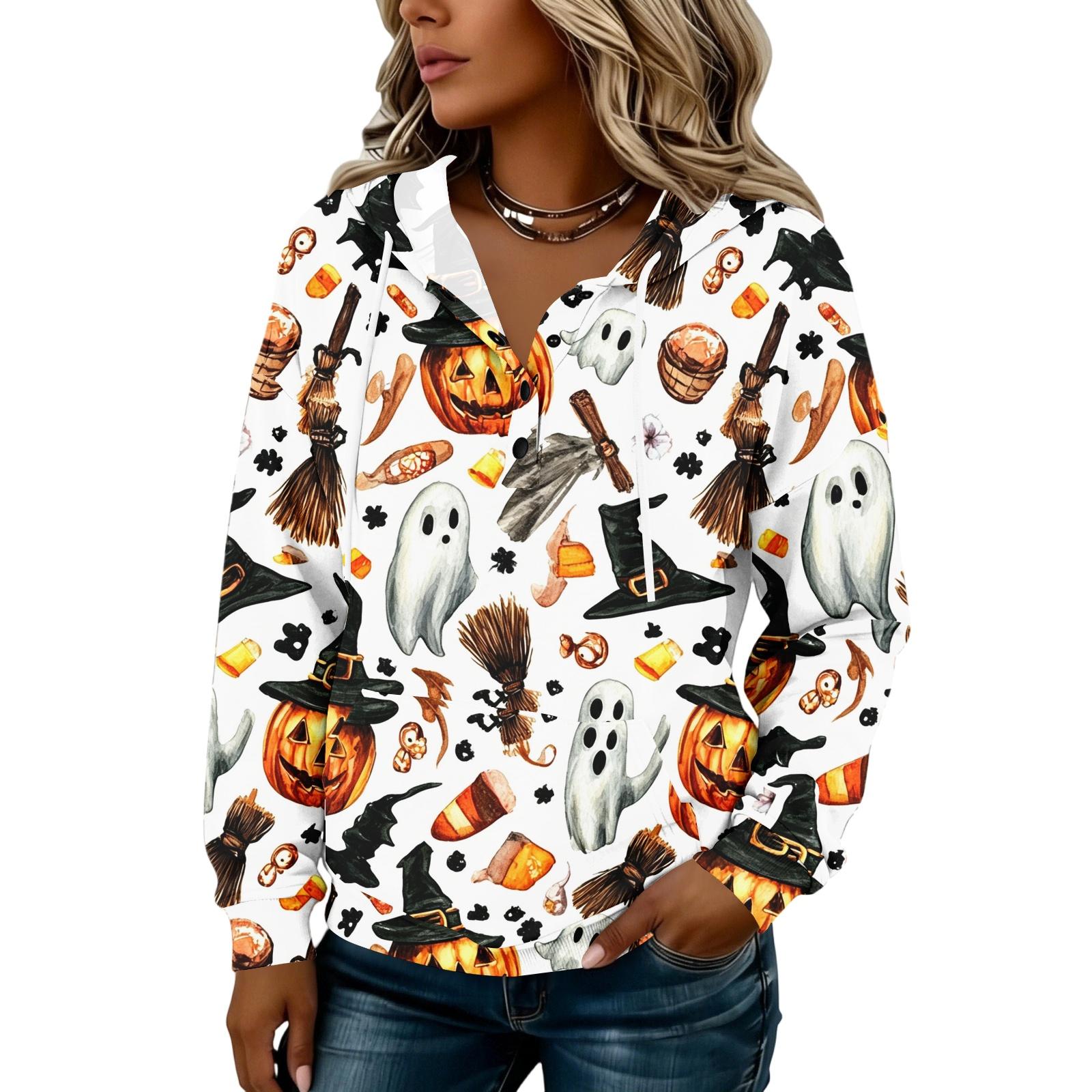 Women s Fashion Hooded Button Front Halloween Print Sweatshirt XXXL