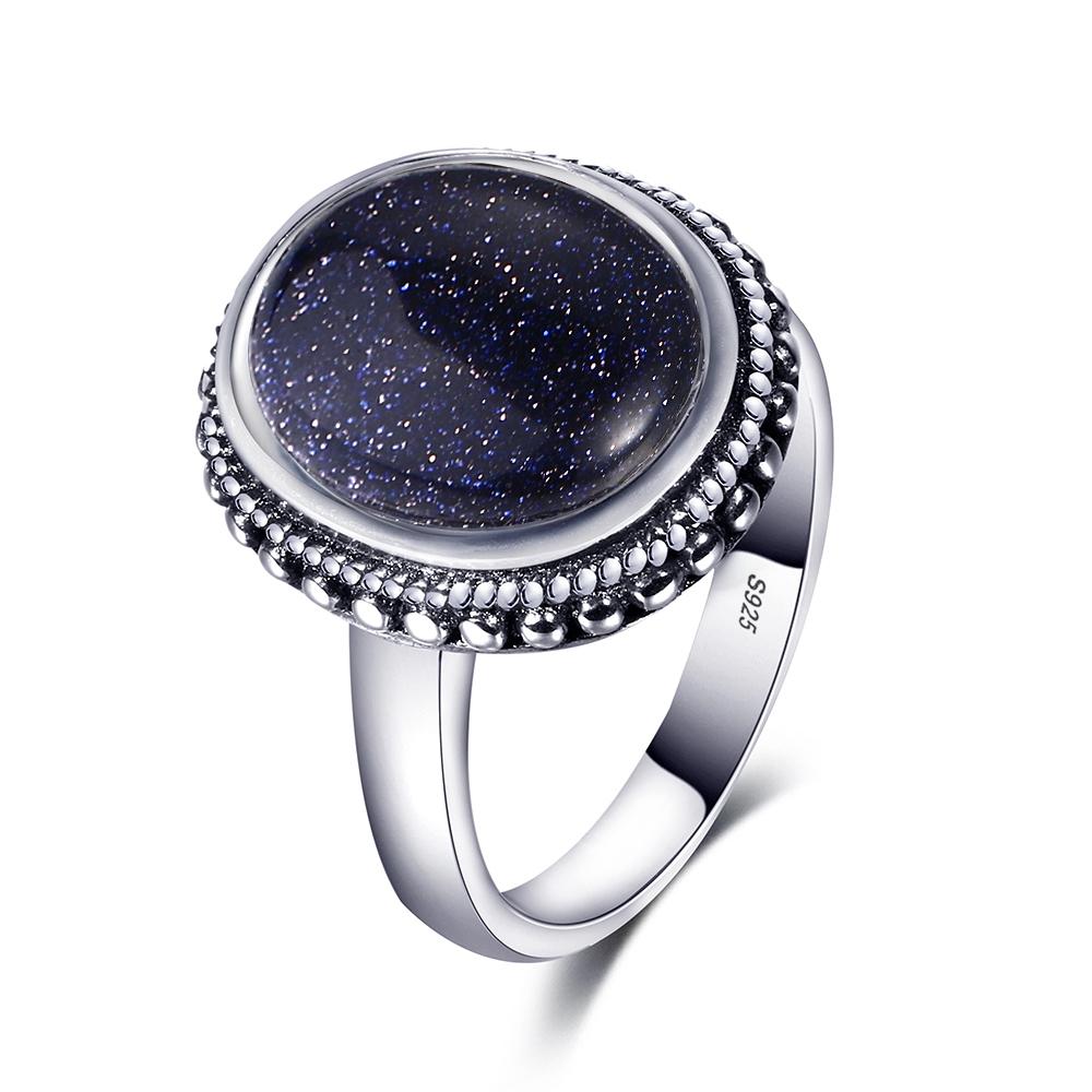 S925 Silver Ring for Women Oval Round Dropwater Natural Blue Sandstone Ring Gift Sun Shaped Retro Luxury Fine Jewelry