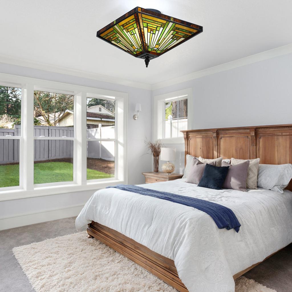 Tiffany Style Stained Glass Lamp,Handmade Artisan Ceiling Light W/ E26 Holder,Dimmable Lighting Fixture for Living Room,Kitchen