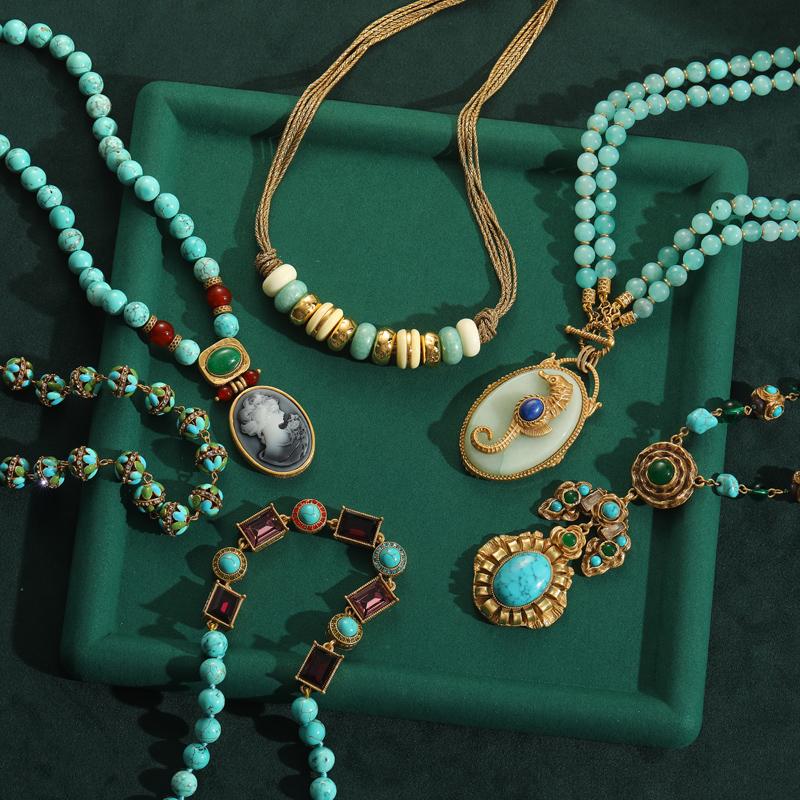Vintage Türkis Halskette Für Frau Lange Perlenkette Ovales Cameo Kopf Anhänger Schmuck Geschenk Antik Boho Accessoires Böhmen