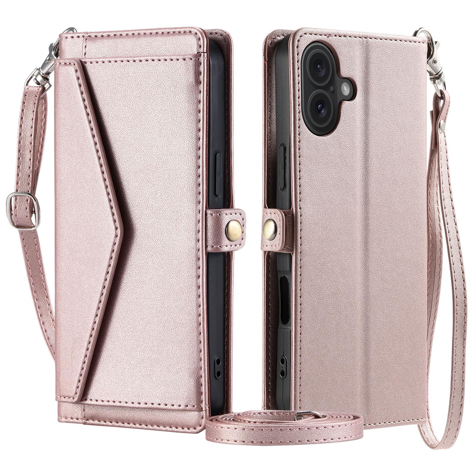 

For iPhone 16 Plus Leather Case Wallet Stand Phone Cover with Straps Rose Gold