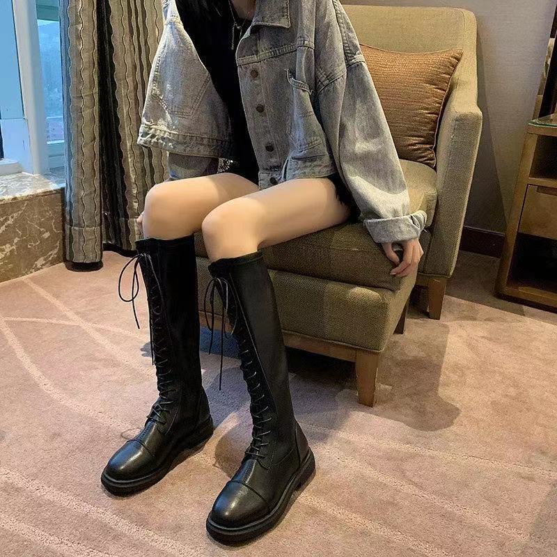 Knight boots long boots women's 21 autumn and winter new versatile elastic thin boots lace-up high boots flat bottom but knee boots