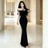 Hepburn Little Black Dress, Black Cool Mature Style Halter-Neck Spaghetti Strap Dress, Women's Summer Sexy Slim Mermaid Long Dress