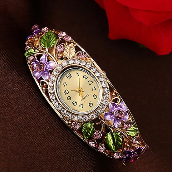 Bangle Dress Watch Vintage Faux Crystal Alloy Pretty Floral Pattern Bracelet Watch for Casual