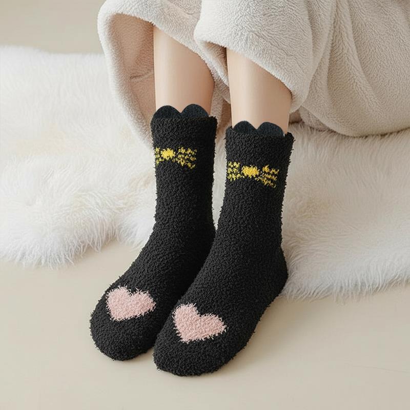 5 Pairs Autumn Winter Cartoon Cat Tube Socks Women Heart-shaped Coral Fleece Socks Cute Sweet Thick Soft Warm Home Sleep Sock