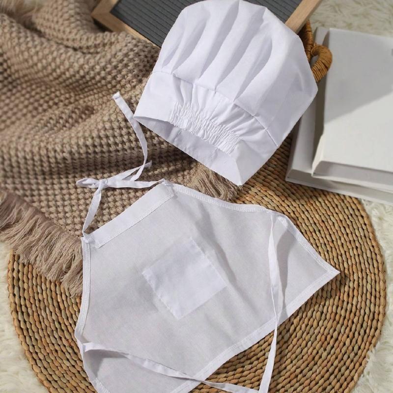 2Pcs/set Newborns Baby Cook Costume Set Photography Props Lovely Cooking Hat and Matching Apron for Photoshoots