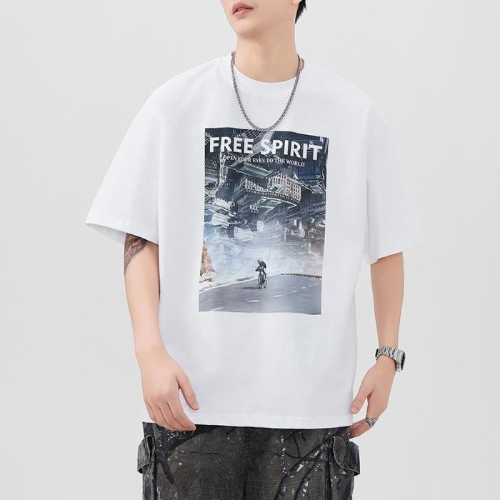 Summer Heavy 300g Printed Pure Cotton Sleeve T-shirt for Men s Country Loose Japanese Casual M