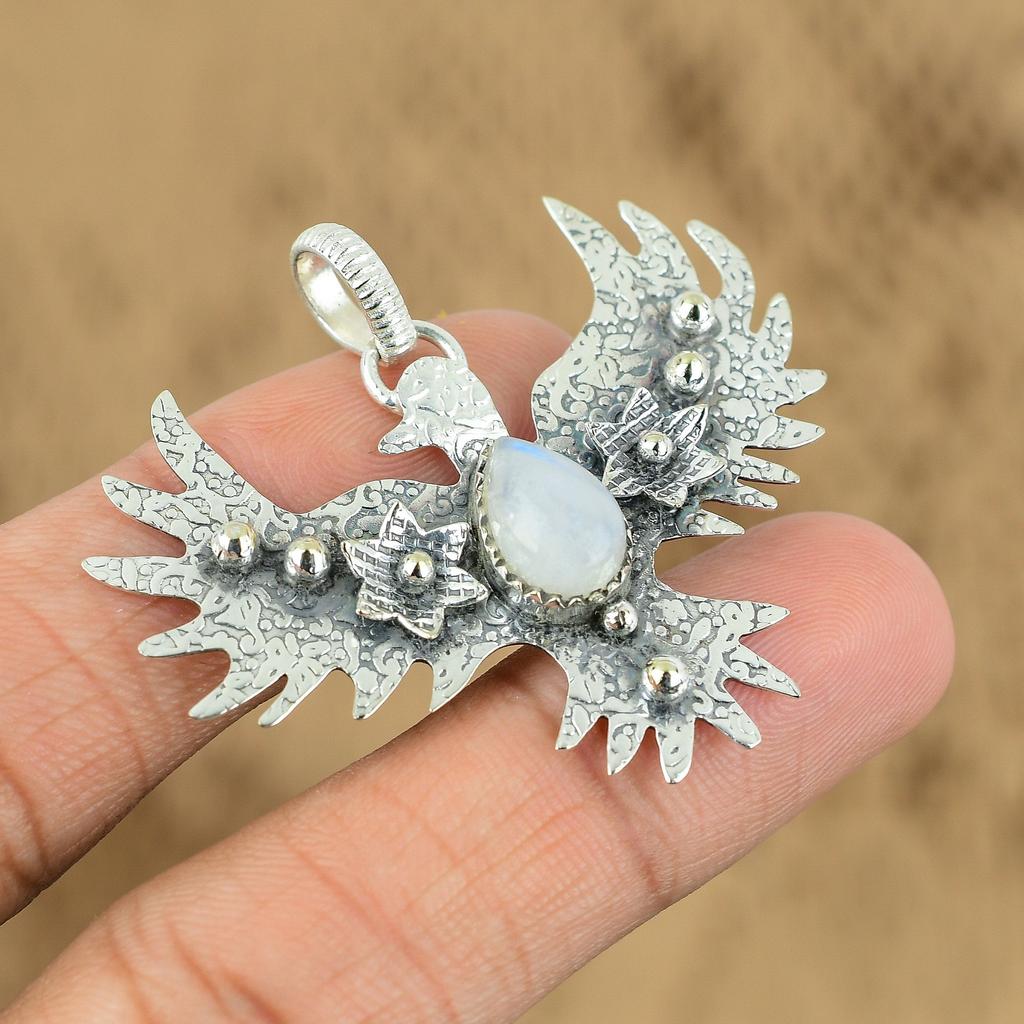 Memorial Day Deal 925 Sterling Silver Natural Rainbow Moonstone Eagle Pendant