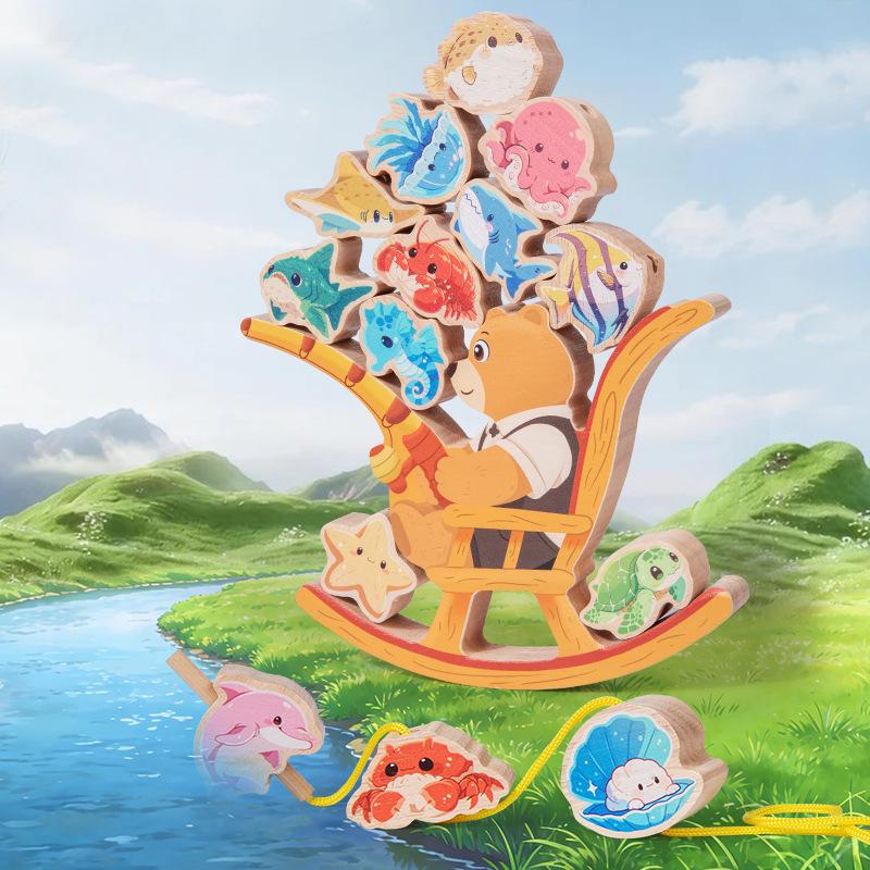 Little Bear Fishing Balance Beaded Wooden Stacking Blocks - Early Education Toys