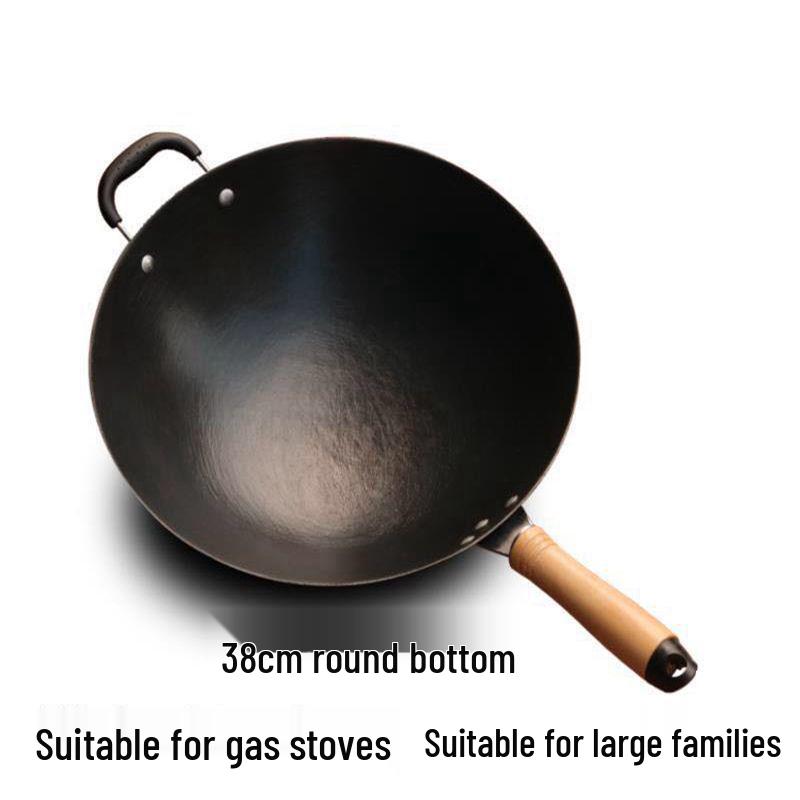 Vintage Uncoated Cast Iron Flat-Bottom Non-Stick Wok, Compatible with Induction & Gas Stoves, Ideal for Rural Household Stir-Fry.