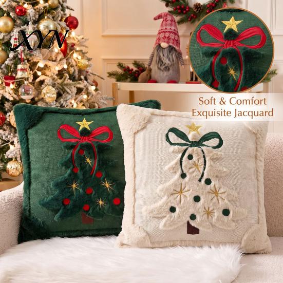 Soft Skin Friendly Cushion Covers Christmas Plush Pillowcase, 3D Embroidered Design Throw Pillow Gifts for Home Cover, Decorative Cover Holiday