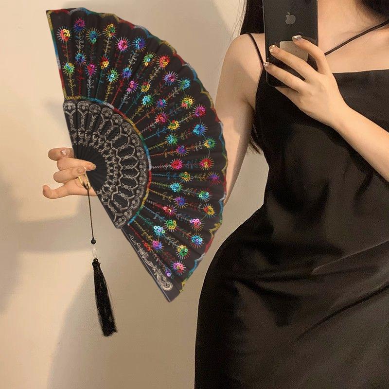 Decorative Sequin Fan Embroidery Fan Chinese Style Folding Fan Peacock Fans Sequin Dance Fan Hand Heldfan Performance Props