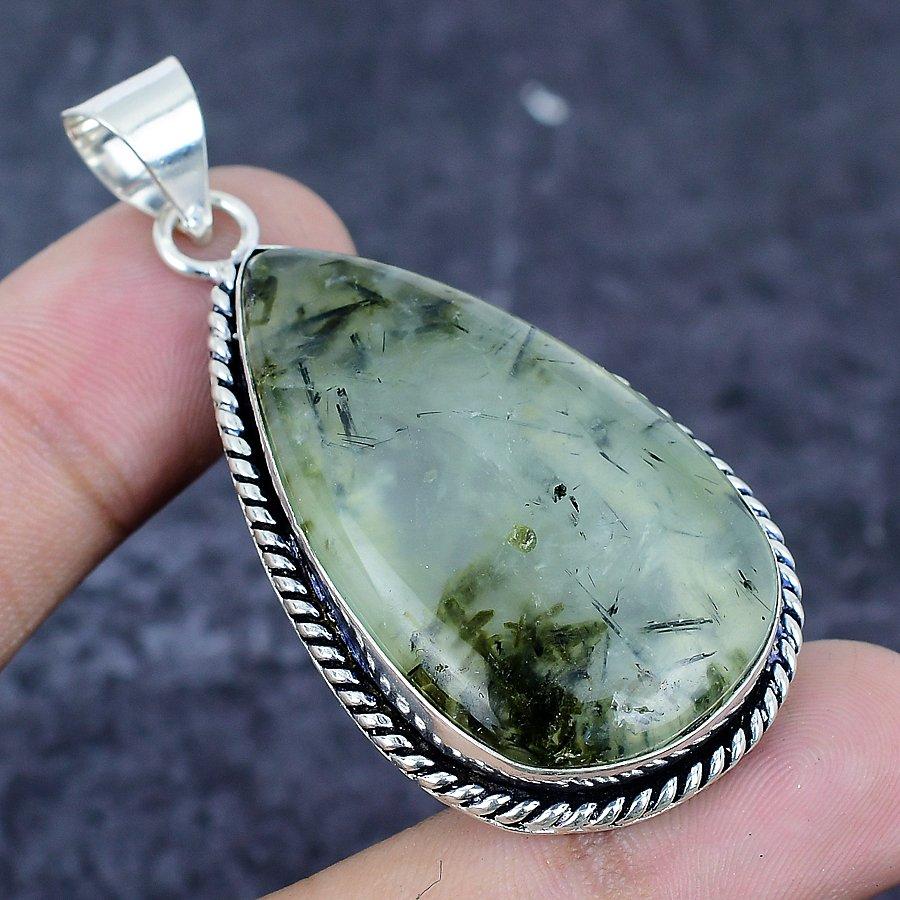 Moss Prehnite Gemstone Handmade 925 Sterling Silver Jewelry Pendant 2.36" F7z72