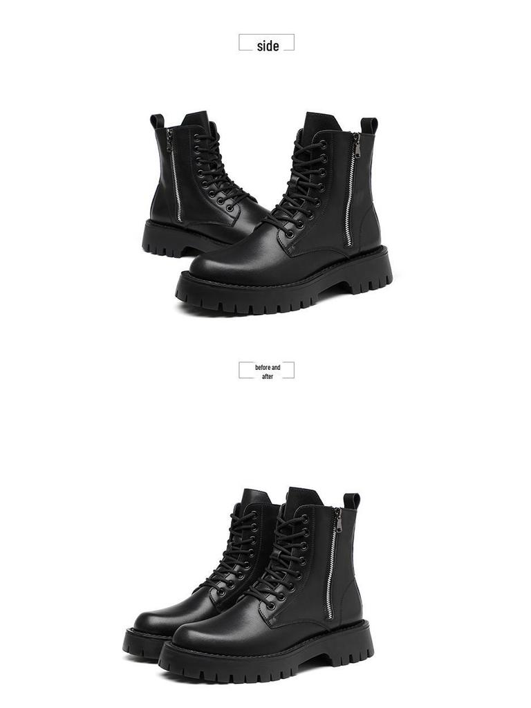 Men's British Style Chelsea Motorcycle Boots - Height-Enhancing, Plus Velvet Mid-High Top Leather Footwear