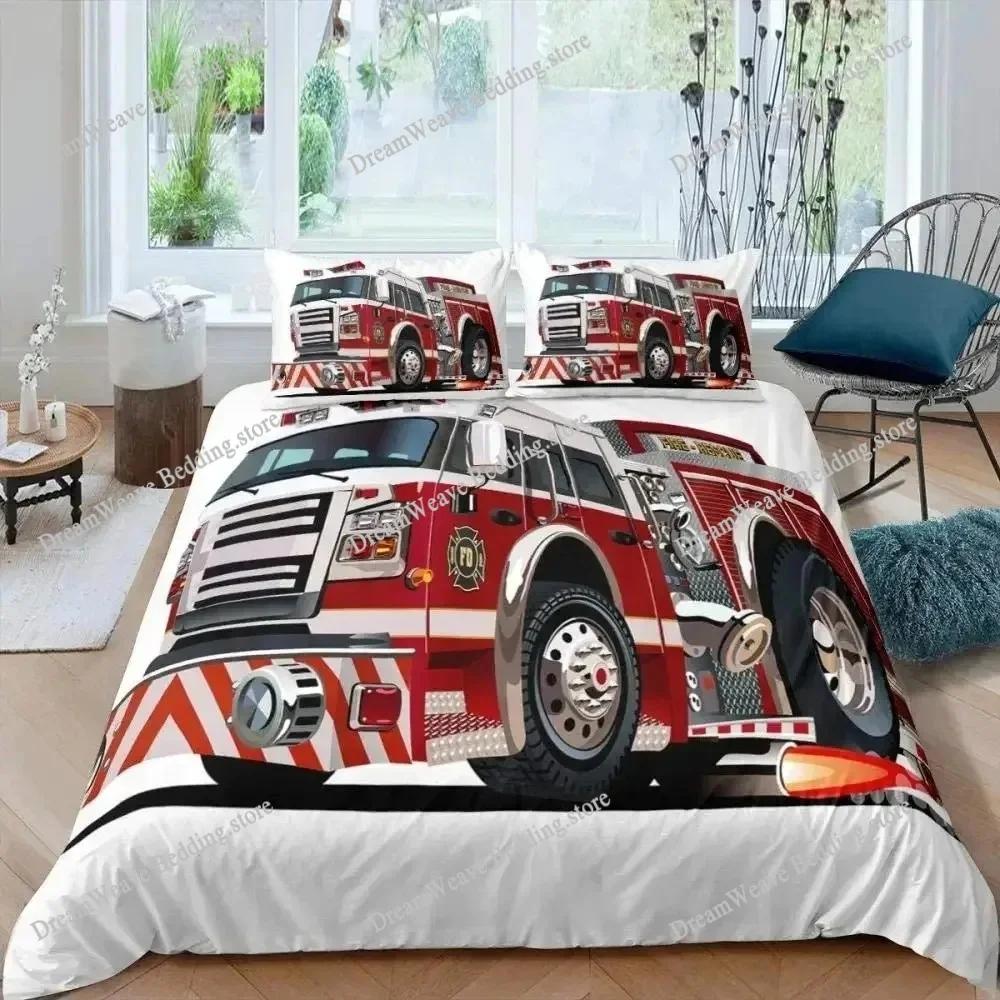 Firefighter Car Duvet Cover Set,Fire Truck Bedding Set King, Honeycomb and Fire Comforter Cover Fire Engine Vehicle Quilt Cover