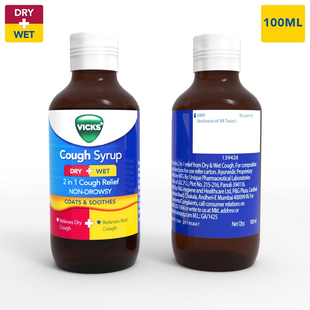 Vicks Cough Syrup, 100ml Bottle - Fast Relief for Dry & Chesty Coughs with Tulsi & Ginger, Ayurvedic Ingredients, Non-Drowsy Formula