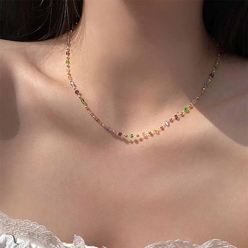 Sweet and cool dopamine color beaded necklace female summer design collarbone chain cold wind pearl neck chain