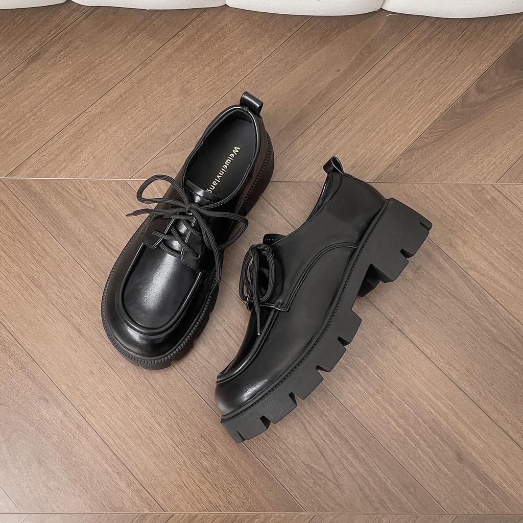 Thick-soled Small Leather Shoes Women's Round Toe Lace-up Black Block Heel Soft-soled Single Shoes Women