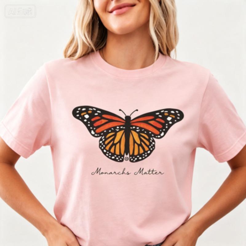 Wildlife Lover Unisex Cotton Tshirt Hand Drawn Monarch Butterfly Print Letter Nature Casual Daily Short Sleeve Tees