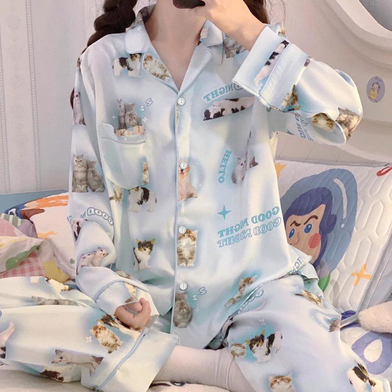 Sweet Girl Ice Silk Pajamas Women'S Spring And Autumn Long-Sleeved Cute Cat Casual Loose Two-Piece Loungewear