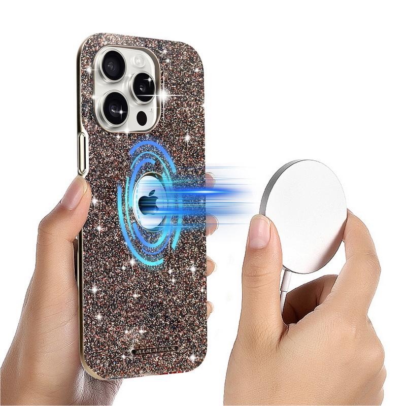 Luxury Glitter Jewel Glossy for MagSafe Phone Case For iPhone 16 Pro Max 15 14 Plus 13 12 Plating Shockproof Magnetic Hard PC Bumper Cover