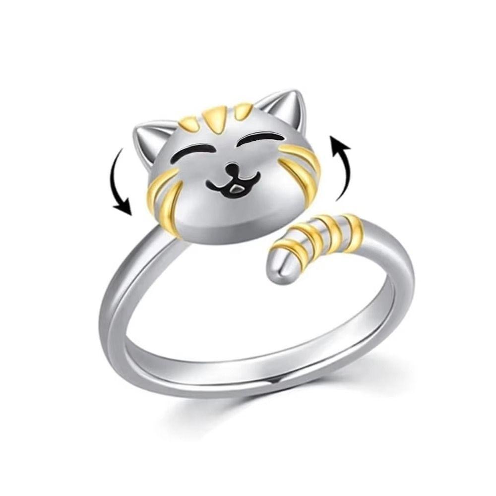 Adjustable Fidget Spinner Rings Cute Cartoon Animal Cat Kitten Rings Gold Silver Open Rotate Freely Ring Women Girls