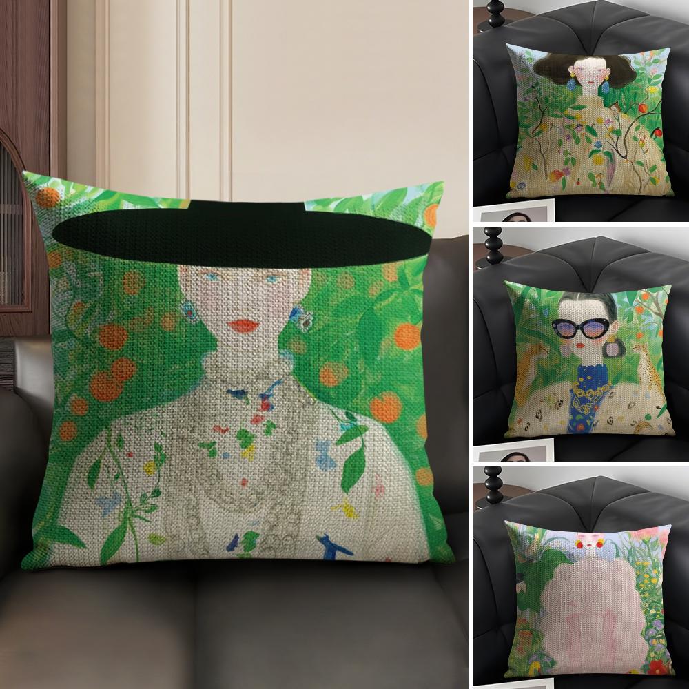 1PC Fashion Illustration Cushion Cover Natural Linen Organic Fabric DoubleSided Printing Sofa Home Decor Gift Pillow Case