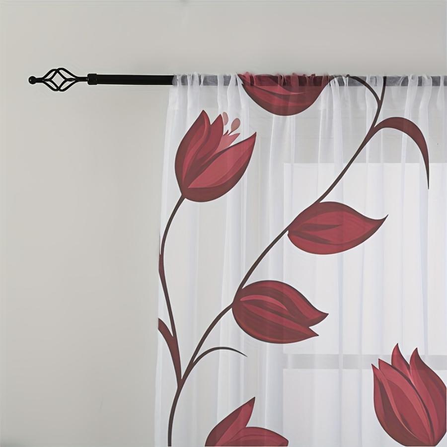 Digital Printed Curtains with Red Flower Vines Design, Stylish Window Drapes for Living Room Bedroom Home Decoration
