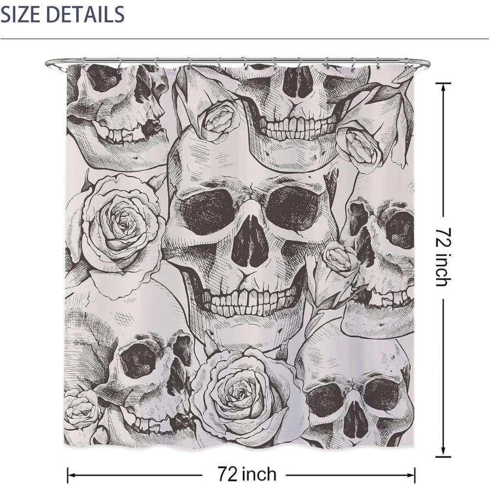 Skull Gothic Skeleton Shower Curtain, Goth Black Floral Rose Decor For Bathroom, Halloween Artistic Waterproof Washable