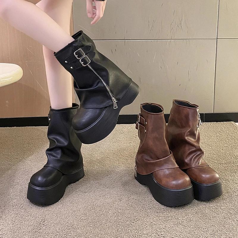 Fashion Women's Soft Leather Mid-calf Boots British Style Wedge Heel Thick Sole Motorcycle High Platform New Autumn and Winter 9 Cm