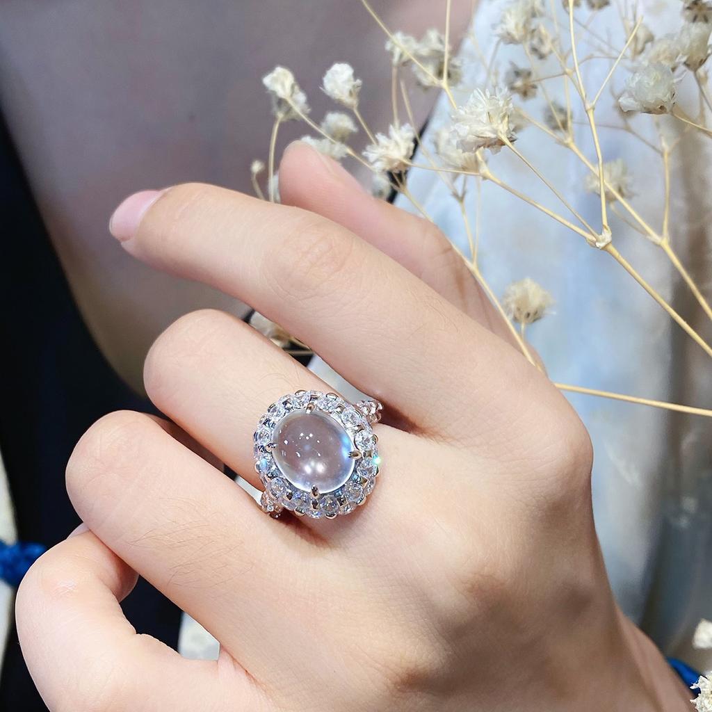 Natural Ice Transparent Gray Agate White Chalcedony Retro Open Ring Women's Oval Ring Hand Jewelry